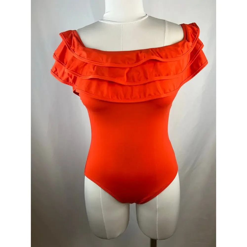 Kate Spade Palm Beach Ruffle Off Shoulder One Piece Swimsuit Tomato Red M